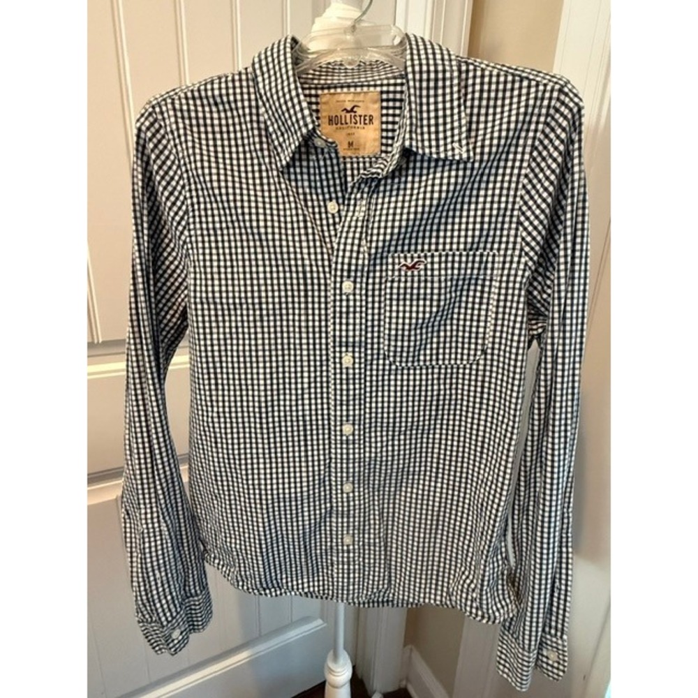 Hollister Gingham Check Button Down Shirt Mens Medium Navy Long Sleeve Preppy